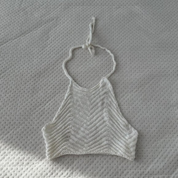 KNIT CROPPED HALTER BACKLESS TIE WHITE TOP SMALL - Picture 3 of 4